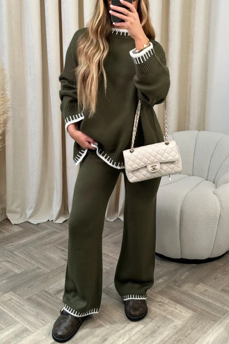 Casual Solid Patchwork O Neck Long Sleeve Two Pieces - Fashionpara