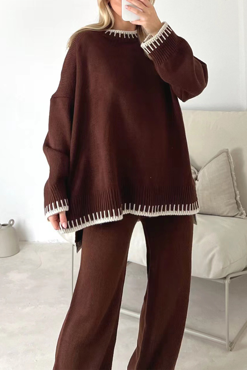 Casual Solid Patchwork O Neck Long Sleeve Two Pieces - Fashionpara