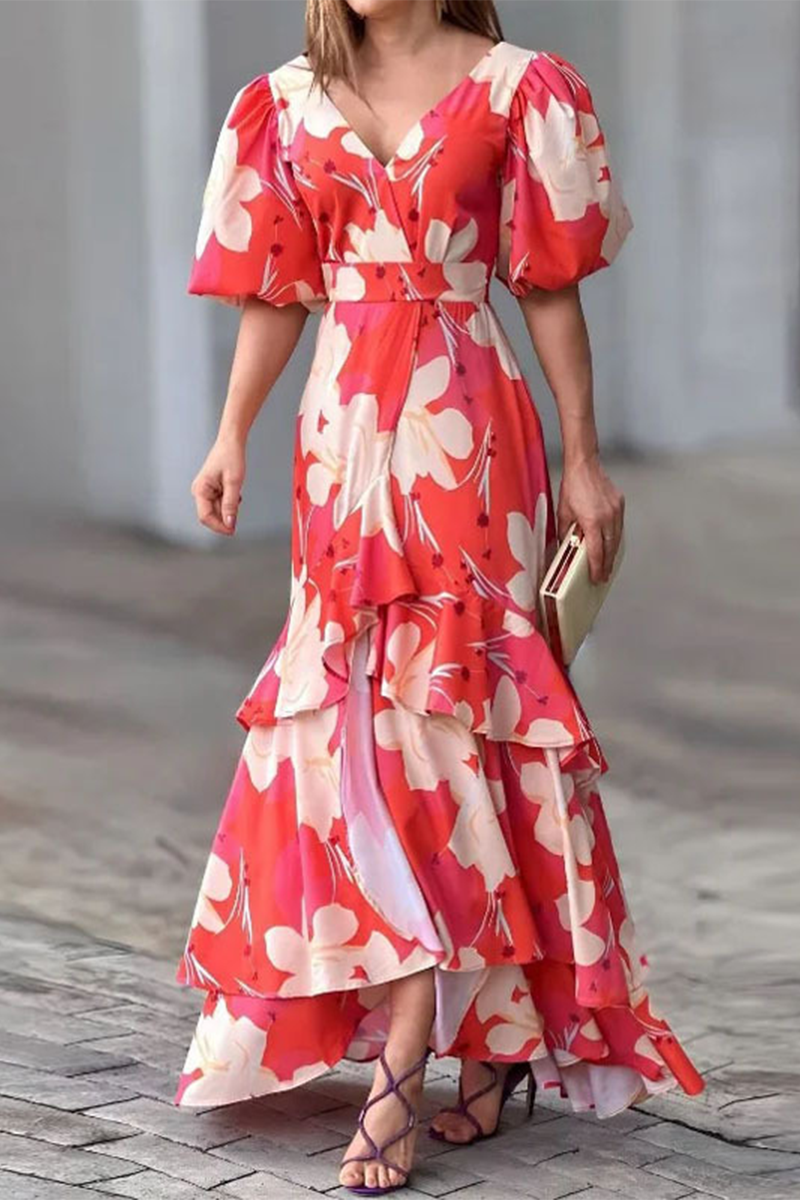 Elegant Floral Patchwork V Neck Printed Dress Dresses - Fashionpara