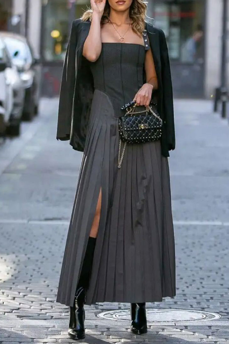 Vintage Celebrities Solid Slit Pleated Sling Dress Dresses - Fashionpara