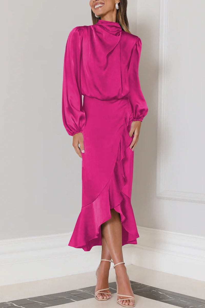 Elegant Solid Flounce Fold Turtleneck Evening Dress Dresses(6 Colors) - Fashionpara