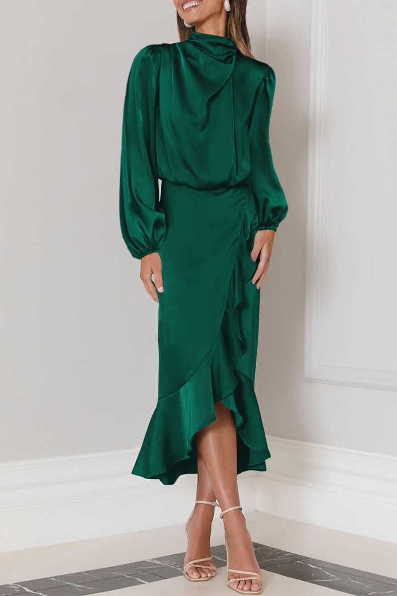 Elegant Solid Flounce Fold Turtleneck Evening Dress Dresses(6 Colors) - Fashionpara