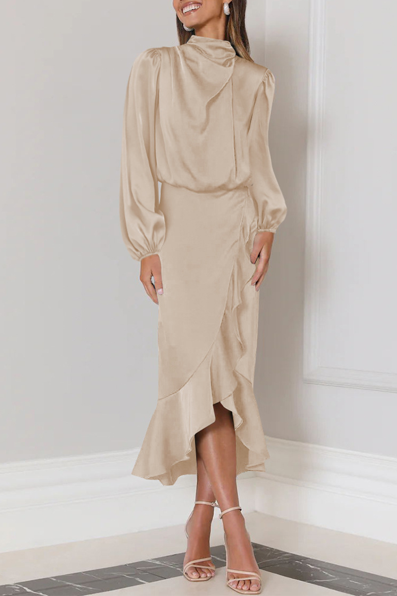 Elegant Solid Flounce Fold Turtleneck Evening Dress Dresses(6 Colors) - Fashionpara