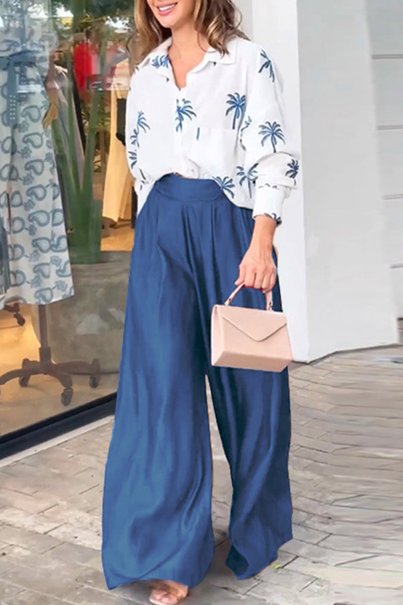 Casual Street Print Pocket Turndown Collar Long Sleeve Two Pieces - Fashionpara