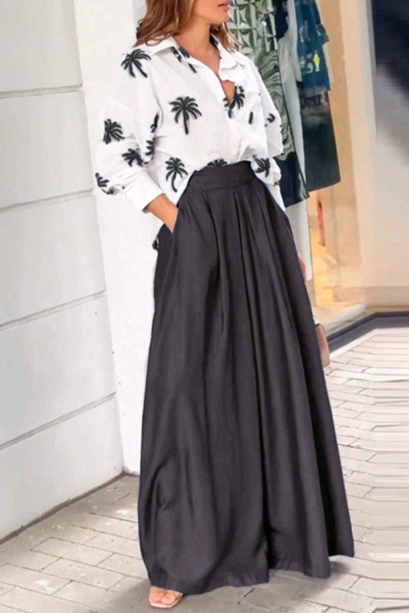 Casual Street Print Pocket Turndown Collar Long Sleeve Two Pieces - Fashionpara