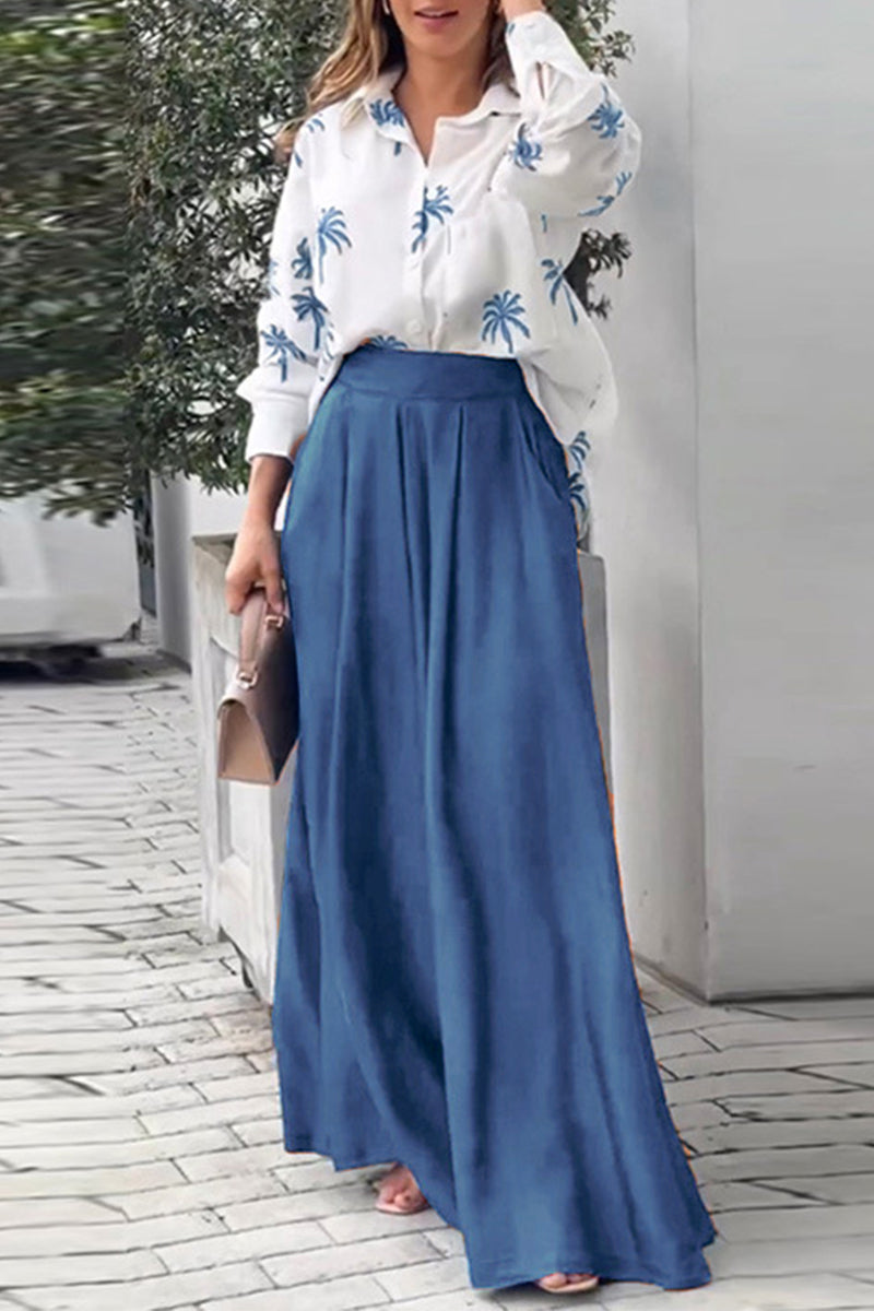 Casual Street Print Pocket Turndown Collar Long Sleeve Two Pieces - Fashionpara