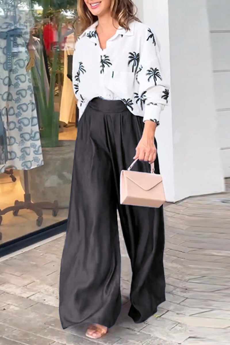 Casual Street Print Pocket Turndown Collar Long Sleeve Two Pieces - Fashionpara