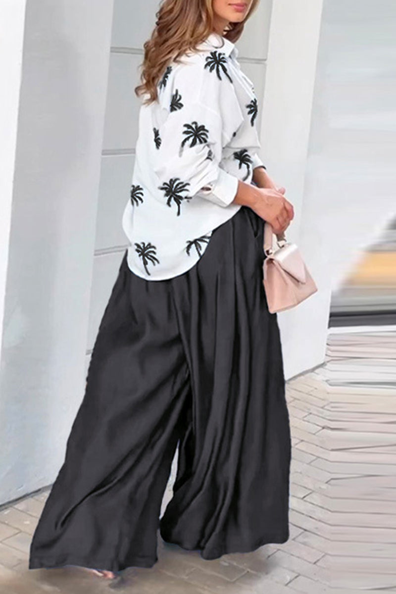 Casual Street Print Pocket Turndown Collar Long Sleeve Two Pieces - Fashionpara