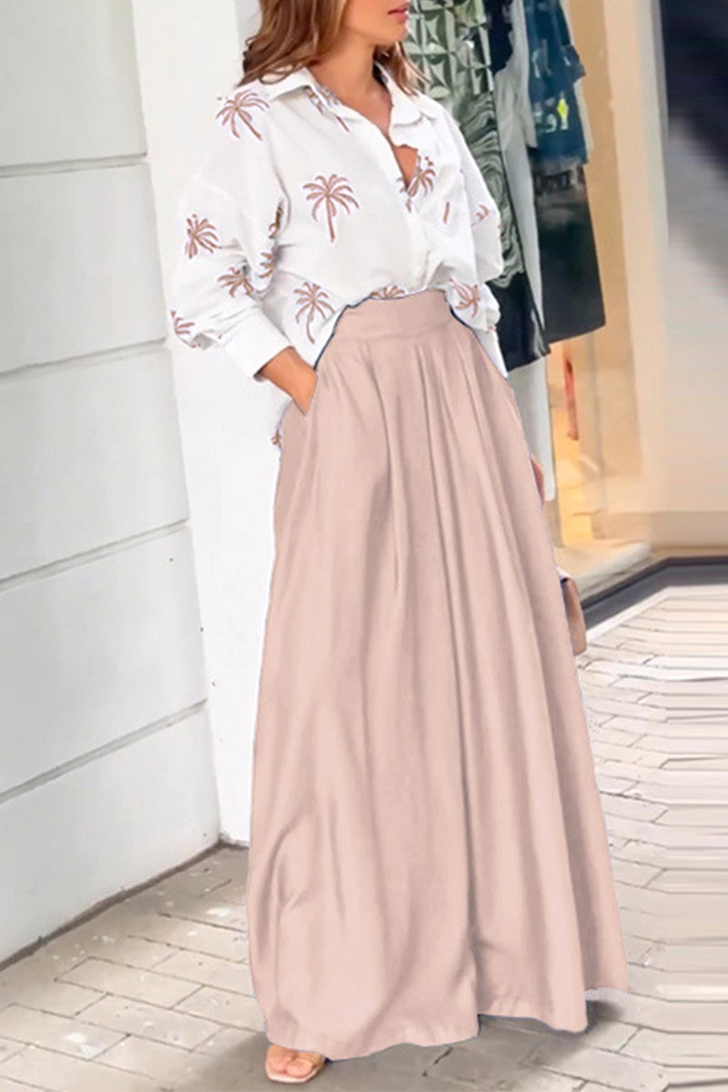 Casual Street Print Pocket Turndown Collar Long Sleeve Two Pieces - Fashionpara