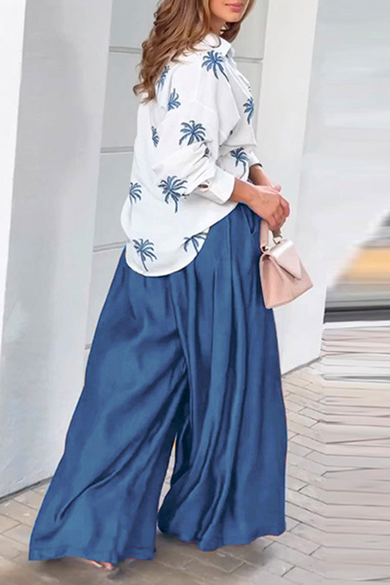 Casual Street Print Pocket Turndown Collar Long Sleeve Two Pieces - Fashionpara