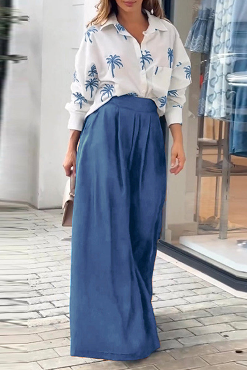 Casual Street Print Pocket Turndown Collar Long Sleeve Two Pieces - Fashionpara