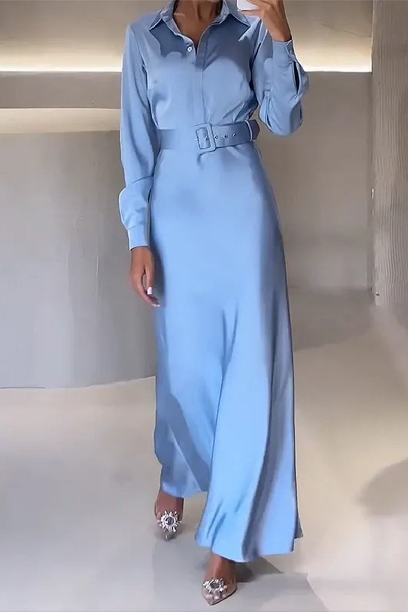 Elegant Solid With Belt Turndown Collar Shirt Dress Dresses - Fashionpara