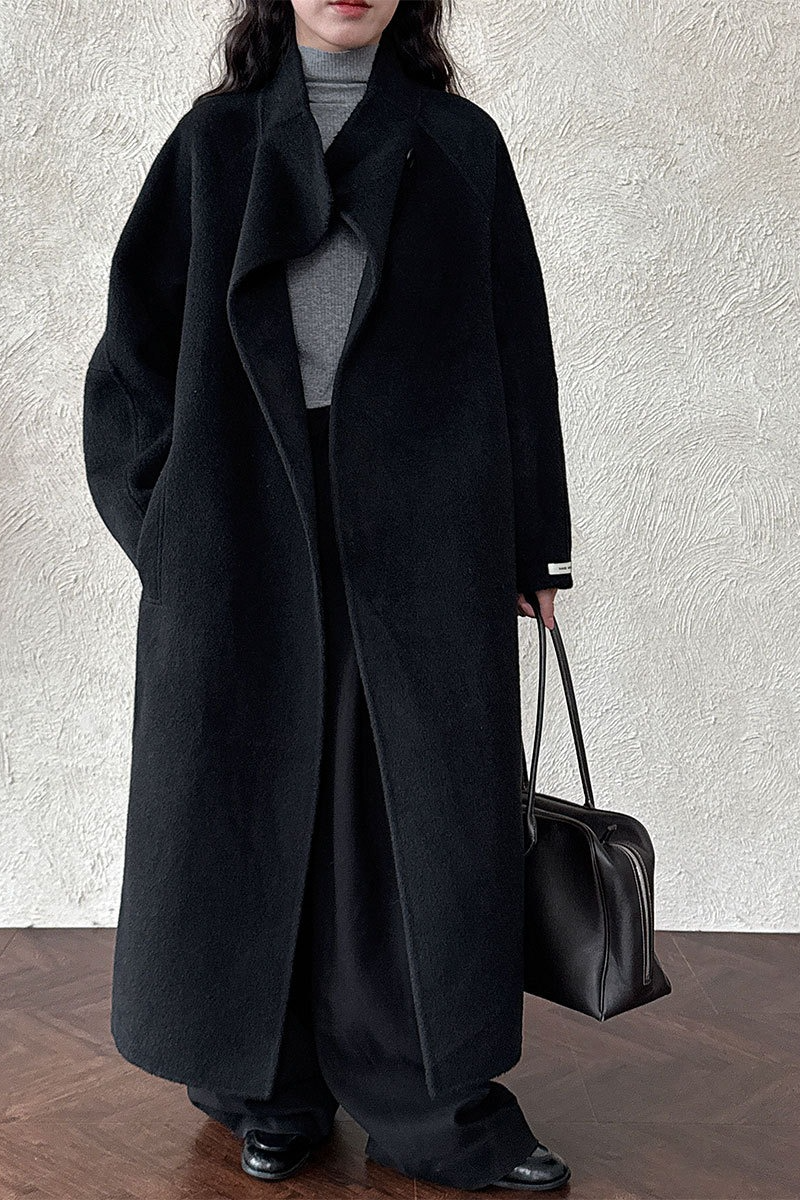 Wool Double Faced Diagonal Button Collar Long Overcoat - Fashionpara