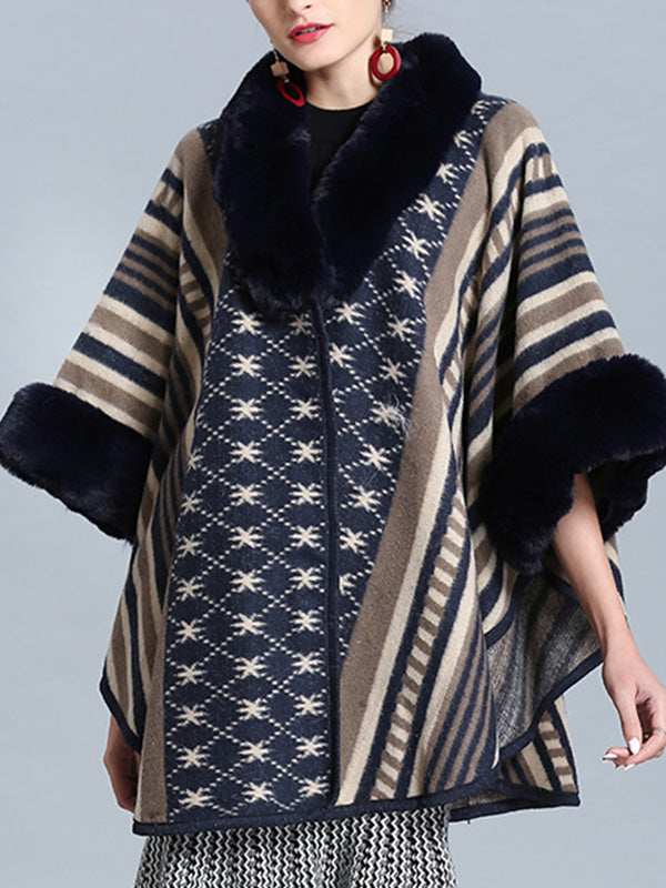 Stripe Bordeus Fluffy Neck Plus Size Cape Cardigan 19