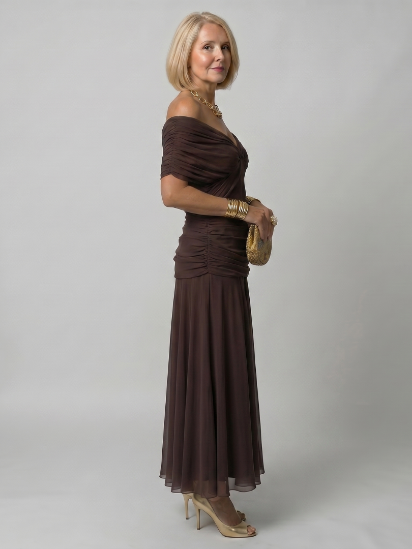 Floral Off Shoulder Ruched Chiffon Maxi Dress 10