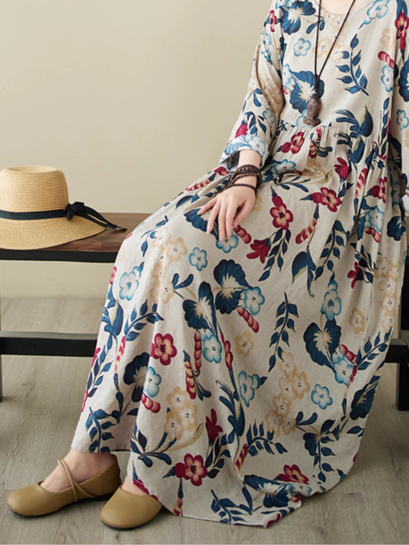 Floral Print Round Neck Long Sleeve Tiered Maxi Dress 5