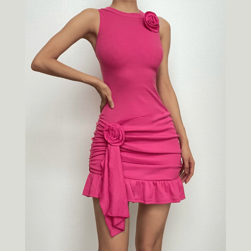 Ribbed Knit Sleeveless Flower Applique Ruffle Asymmetric Mini Dress