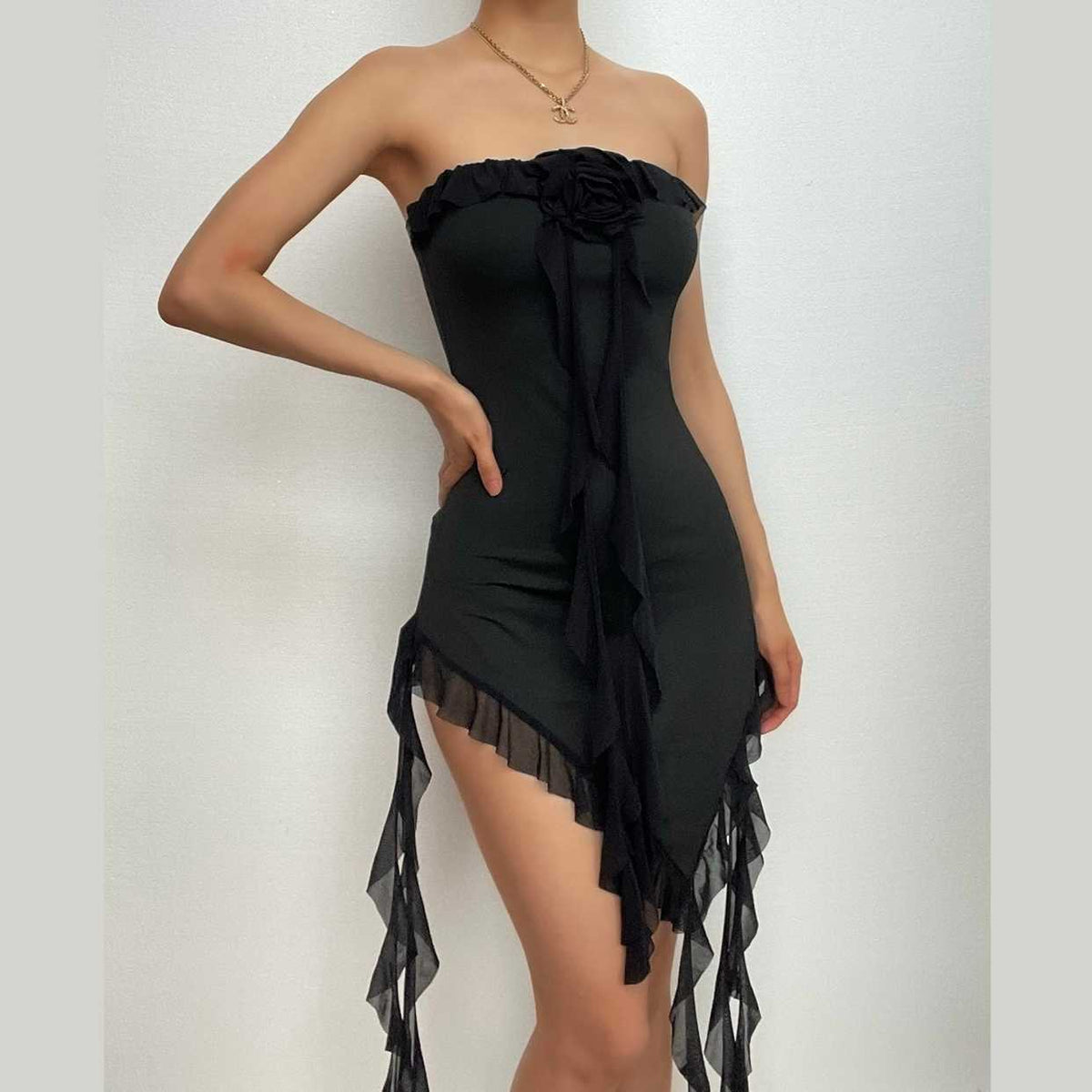 Strapless Flower Applique Ruffle Asymmetric Mini Dress
