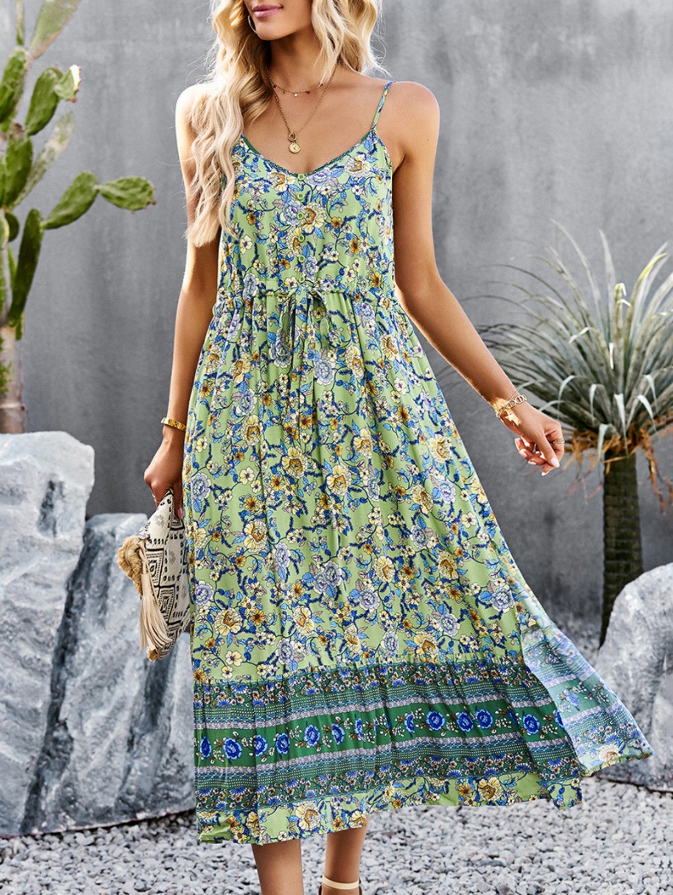 Blue A Line Floral Long Boho Dress With Slit - Fashionpara