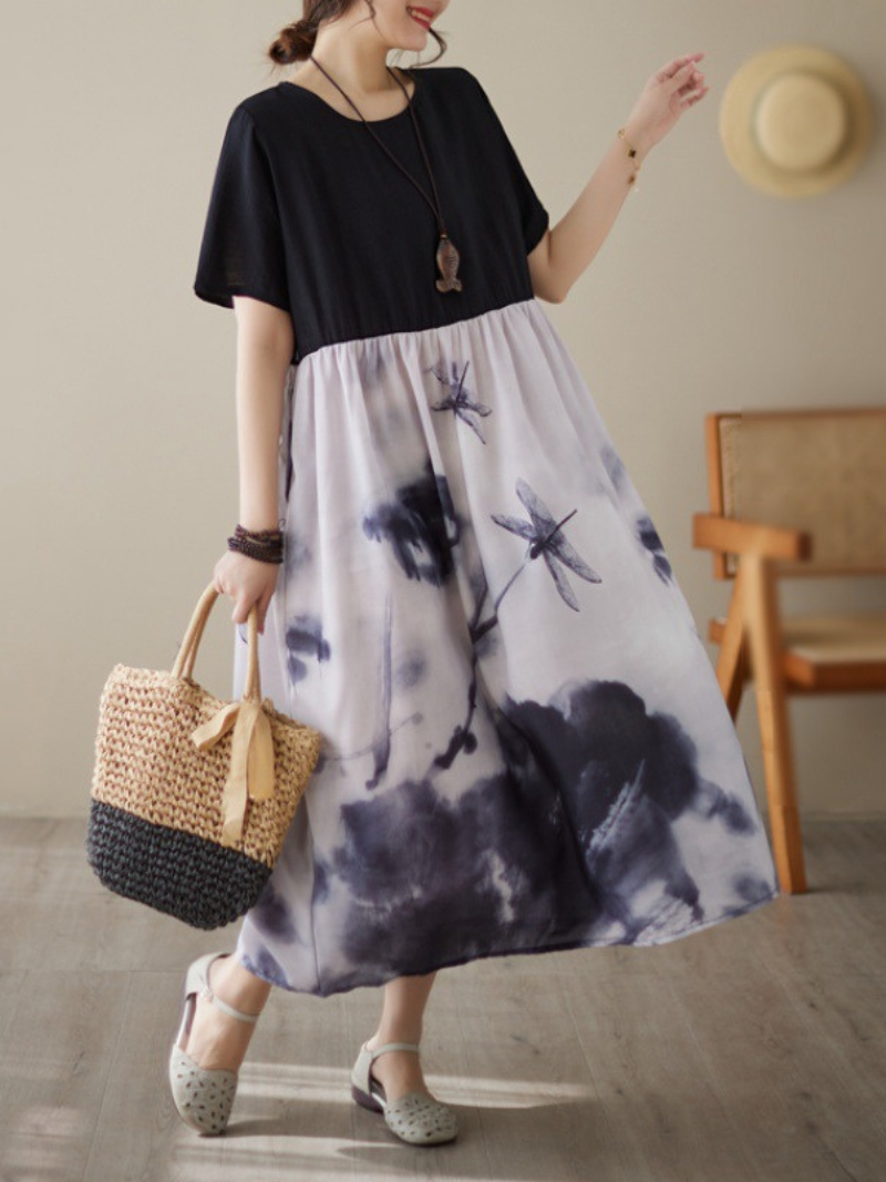 Ink-Wash Print Round Neck Short-Sleeve Pleated Midi Dress 2