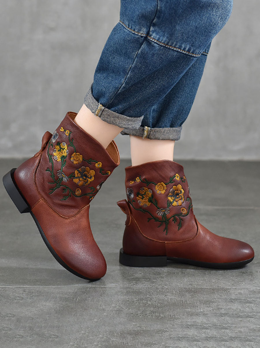 Vintage Flower Embroidery Leather Low Heel Boots
