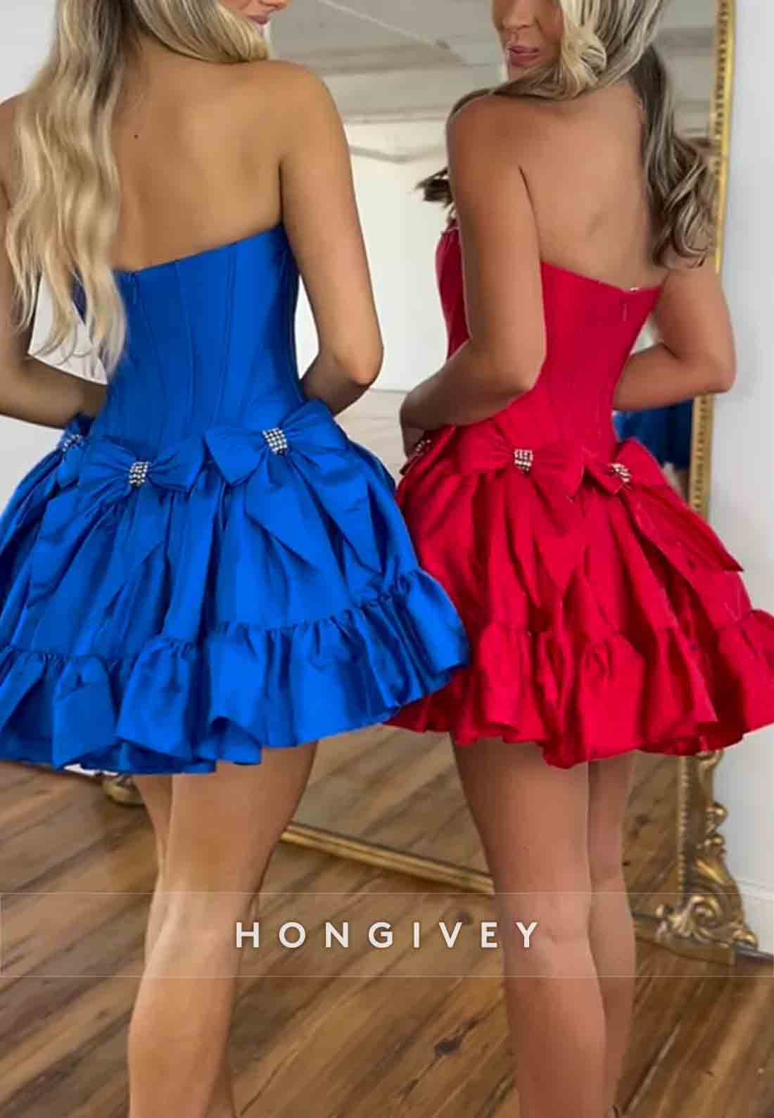 Bowknot Ruched Strapless Satin Pleated Ball Gown Short Homecoming Dresses
