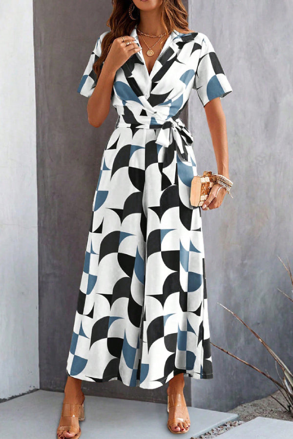 Women's Geometric Printed Short Sleeve Jumpsuit - Fashionpara