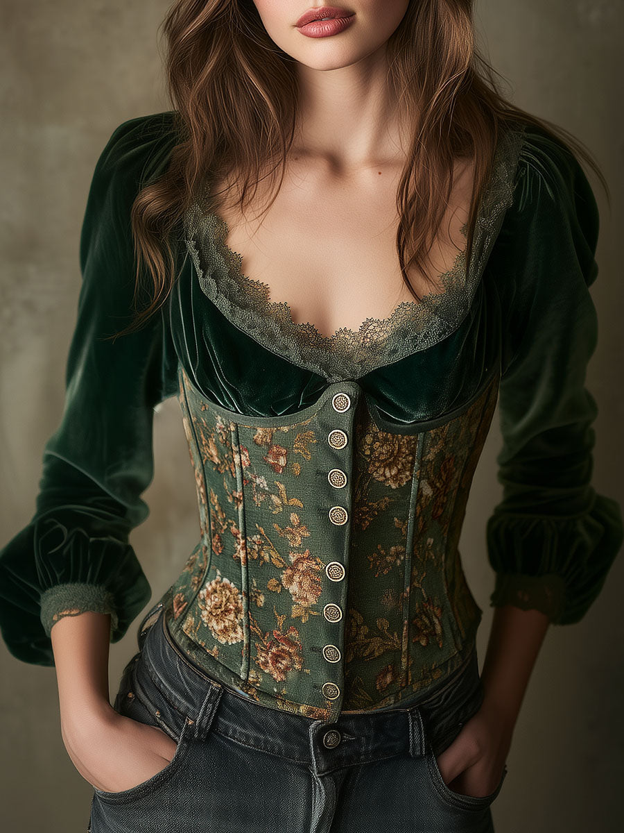 Emerald Green Velvet & Floral Lace-Trimmed Corset Blouse - Fashionpara