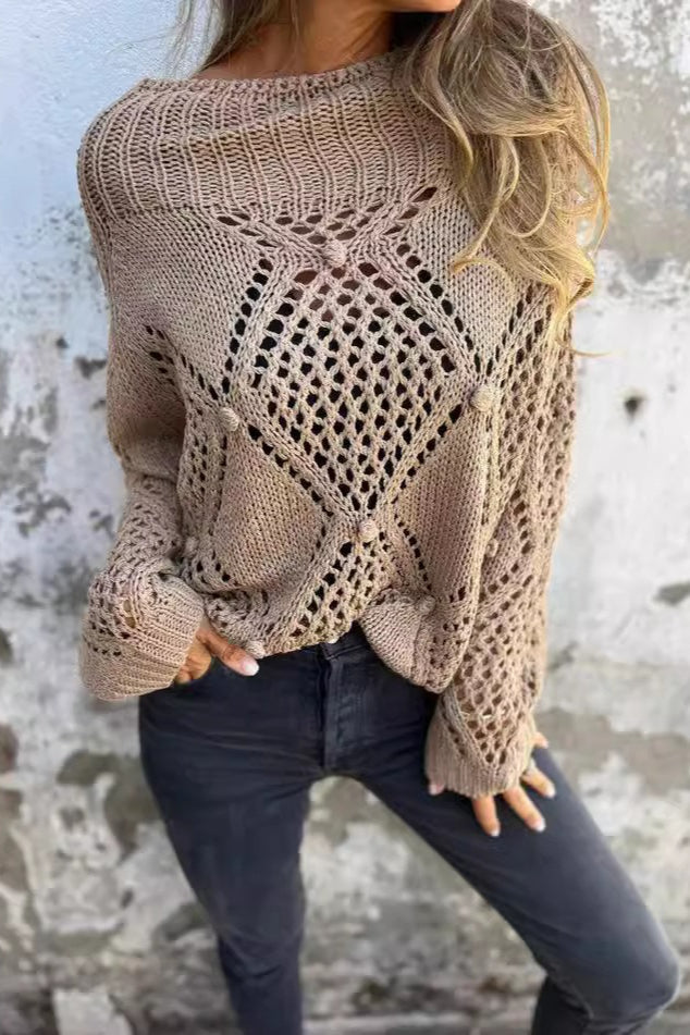 Elegant Round Neck Hollow Knit Sweater for Stylish Comfort