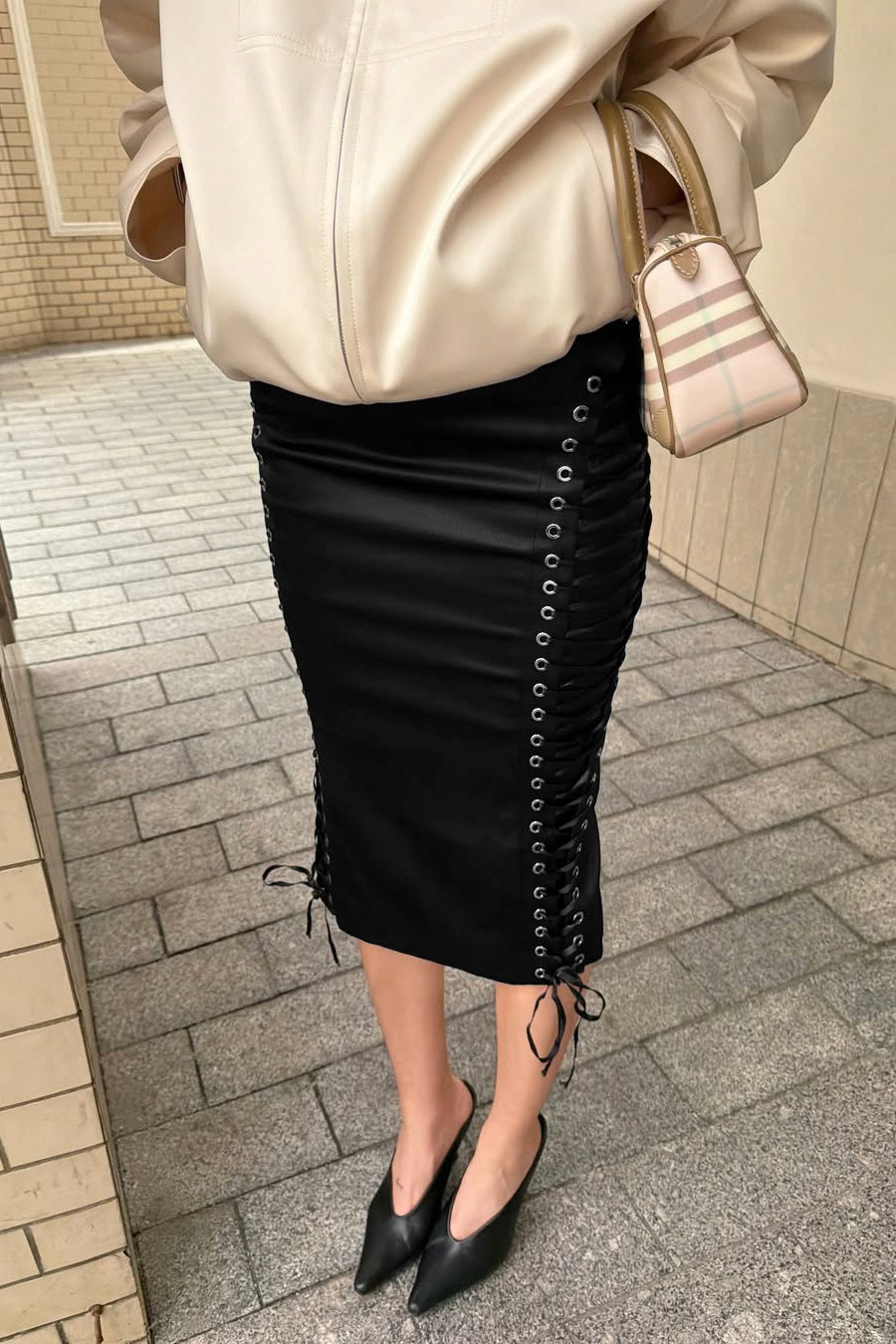 Lace-Up Satin Midi Skirt