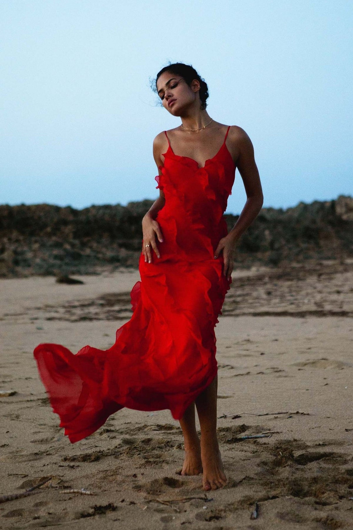 Chiffon Spaghetti Strap V Neck Ruffle Bias Maxi Dress