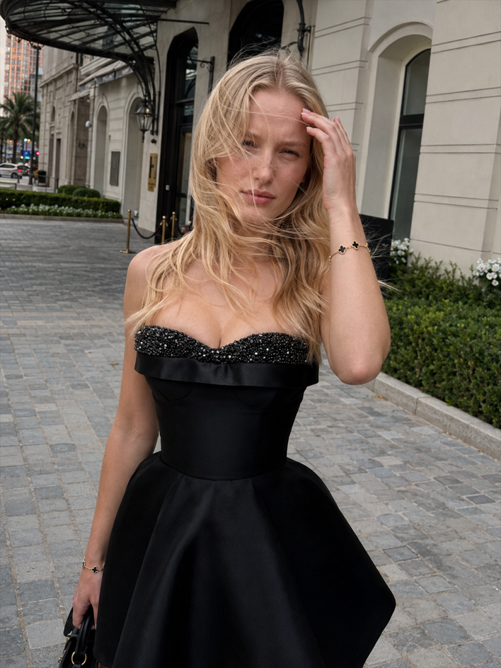 Satin Beaded Sweetheart Strapless Skater Mini Dress 3