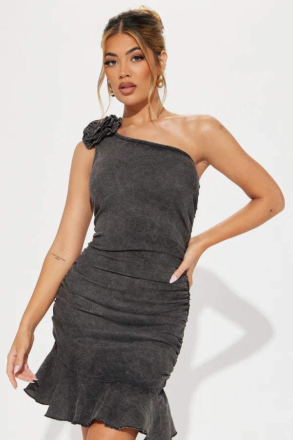 Floral Ruched Denim Dress