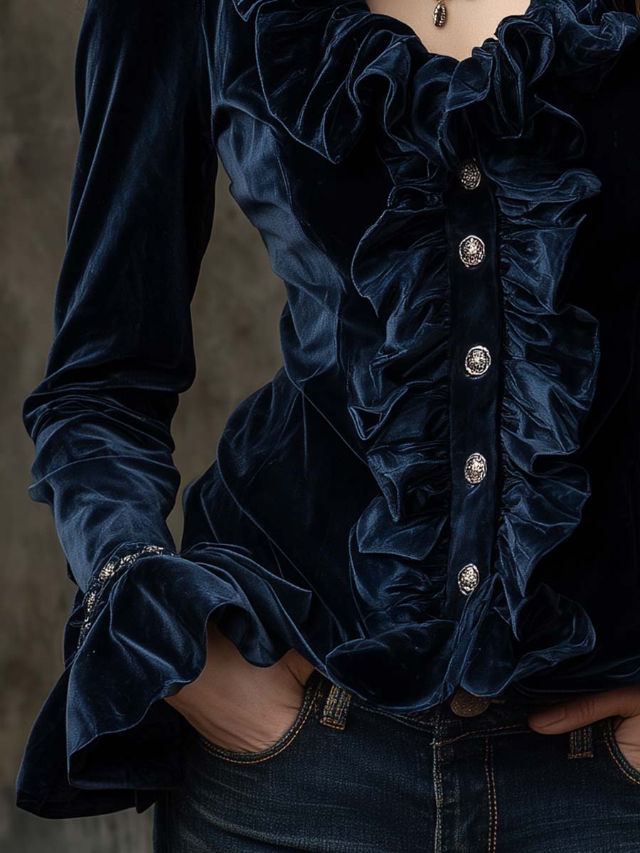 Midnight Blue Ruffled Velvet Shirt With Crystal Buttons - Fashionpara