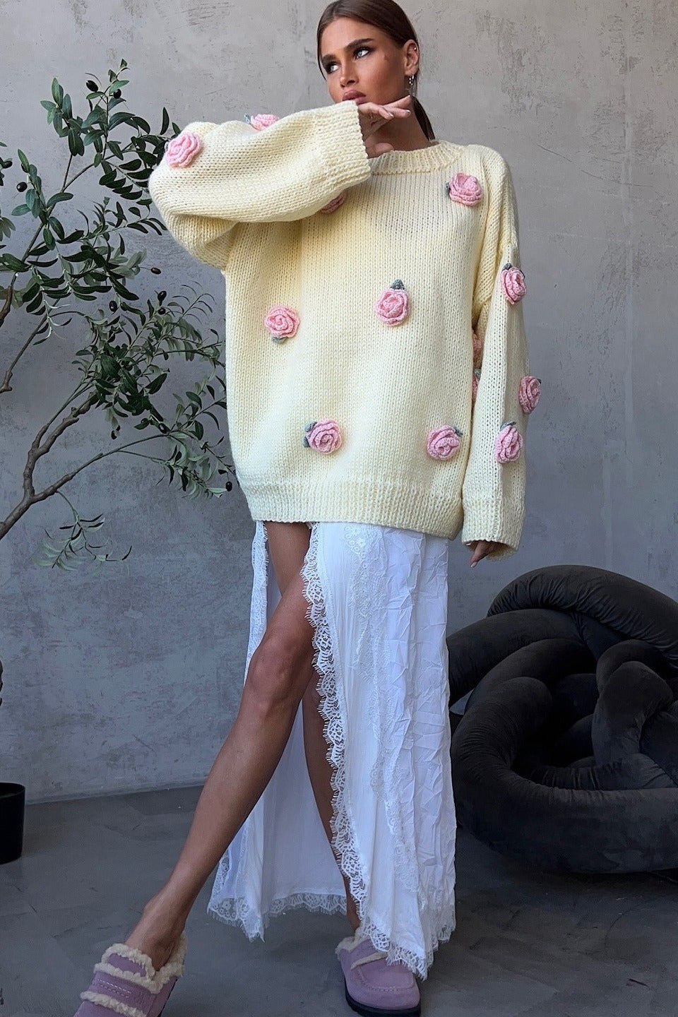 3D Floral Appliqué Knit Sweater