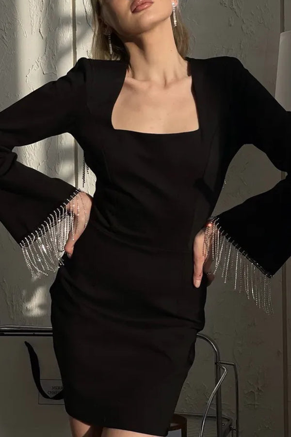 Fashionable Fringed Square Neck Bell Sleeves Hollow Back Mini Dress