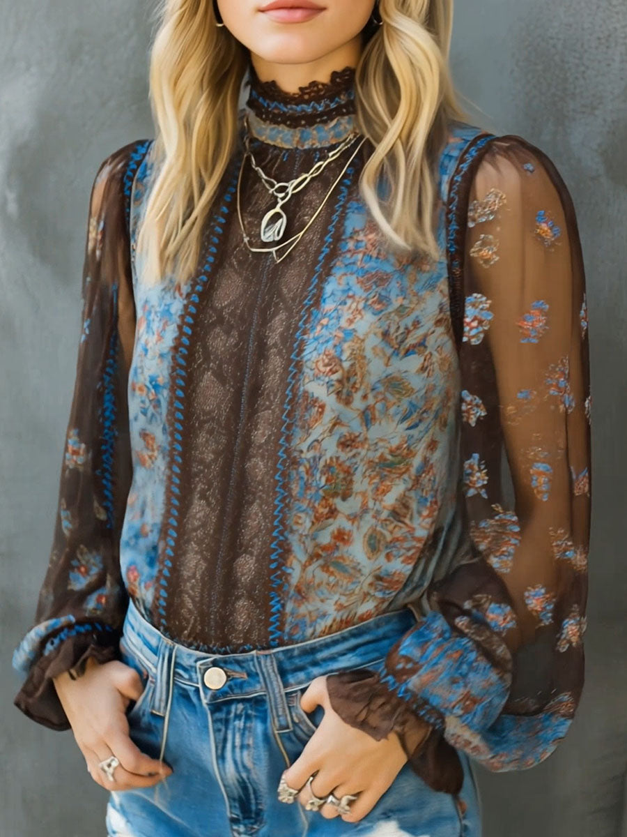 Vintage Boho Floral High Neck Sheer Lace Blouse With Puff Sleeve - Fashionpara