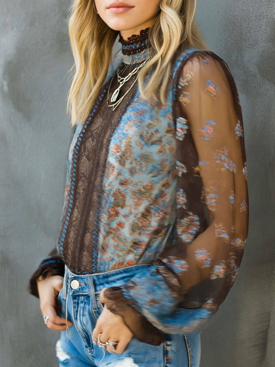 Vintage Boho Floral High Neck Sheer Lace Blouse With Puff Sleeve - Fashionpara