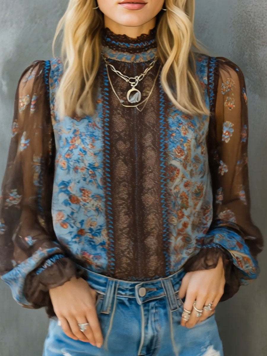 Vintage Boho Floral High Neck Sheer Lace Blouse With Puff Sleeve - Fashionpara