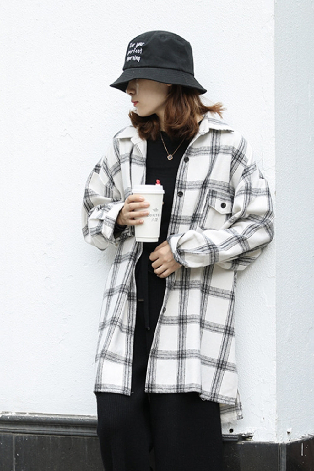RadyRin Thick Brushed Plaid Flannel Lapel Cardigan Coat