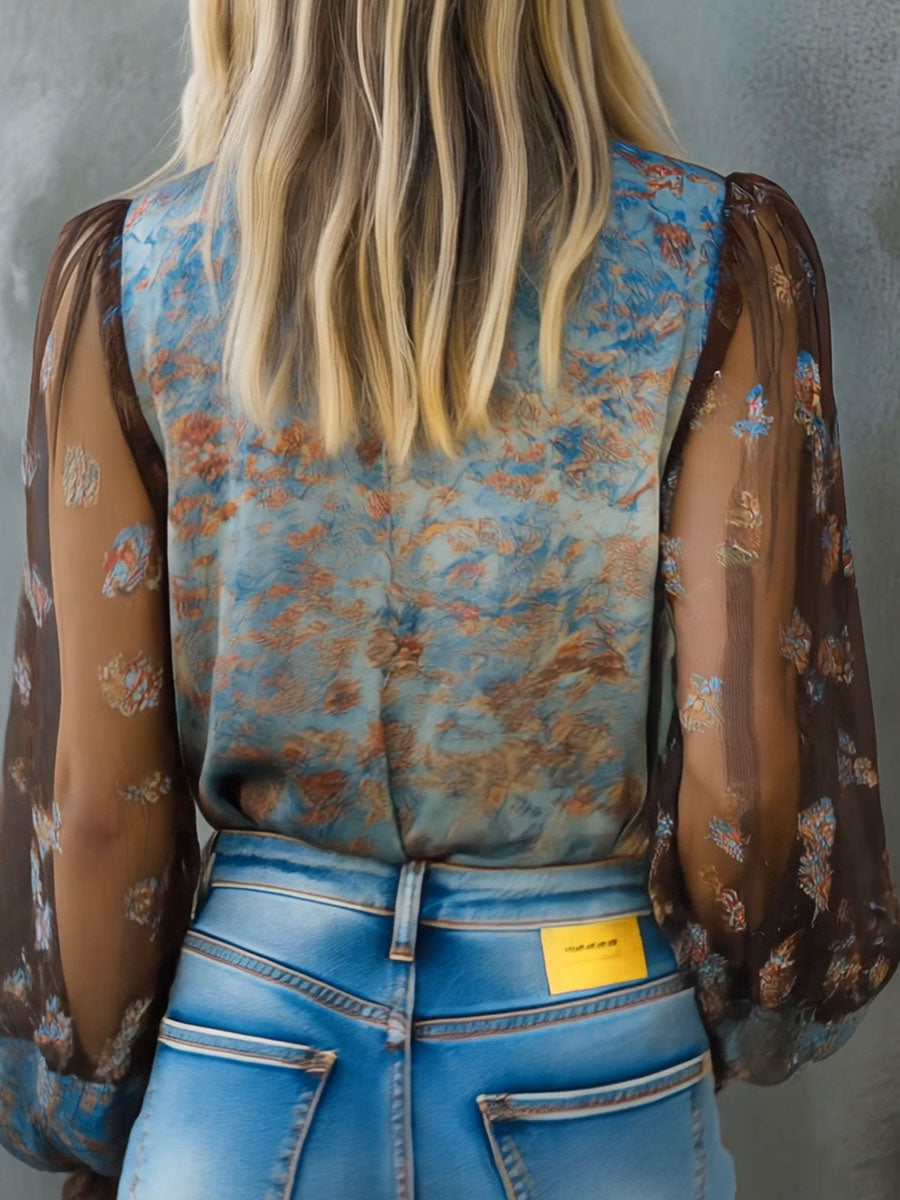 Vintage Boho Floral High Neck Sheer Lace Blouse With Puff Sleeve - Fashionpara