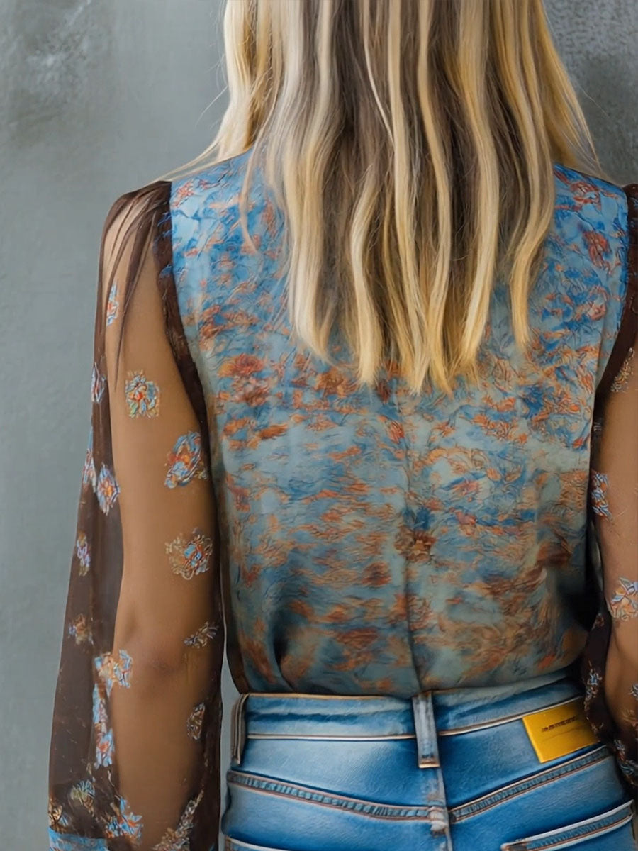 Vintage Boho Floral High Neck Sheer Lace Blouse With Puff Sleeve - Fashionpara