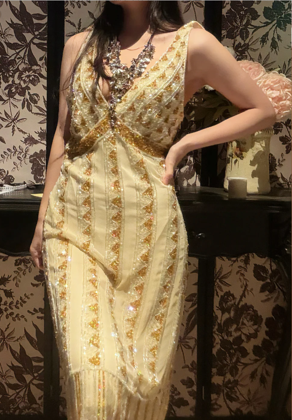 Vintage Champagne Gold Mermaid V-neck Sequined Prom Dress Evening Dress P4170