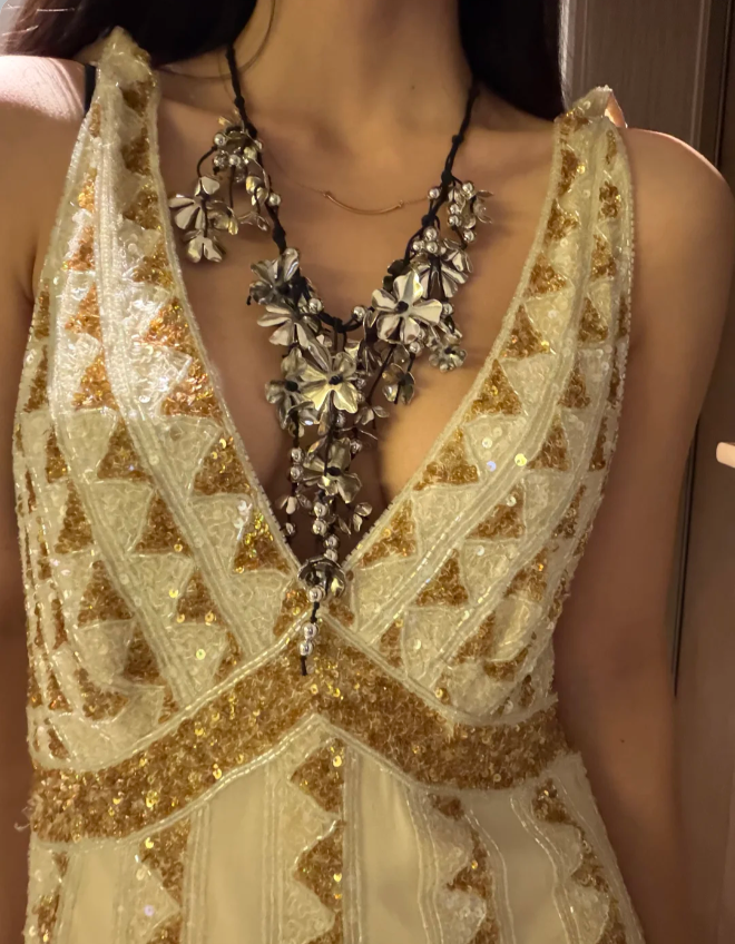 Vintage Champagne Gold Mermaid V-neck Sequined Prom Dress Evening Dress P4170