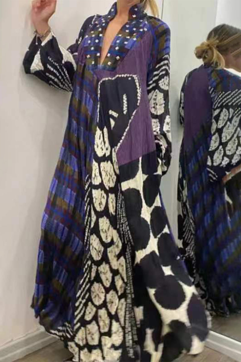 Casual Vintage Print Pocket V Neck Printed Dress Dresses(3 Colors)  Fashionpara