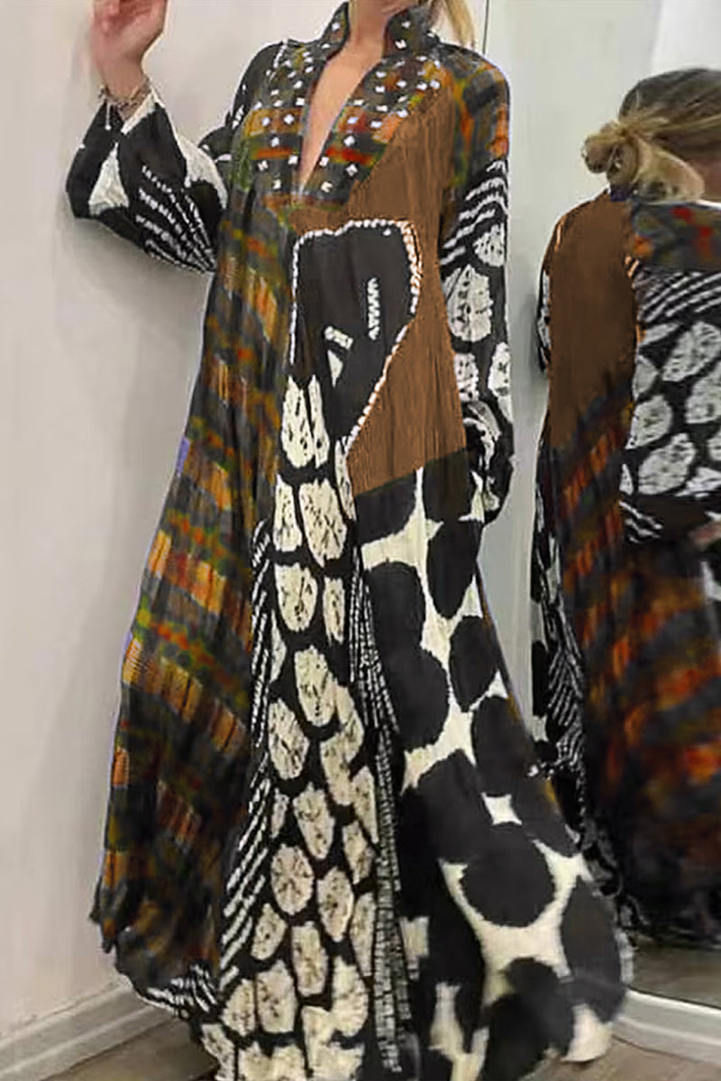 Casual Vintage Print Pocket V Neck Printed Dress Dresses(3 Colors)  Fashionpara