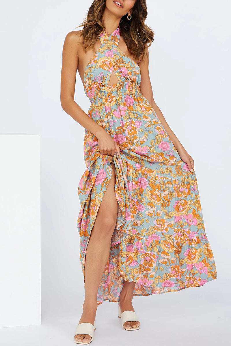 Sexy Vacation Floral Bandage Flounce With Bow Printed Dress Dresses  Fashionpara