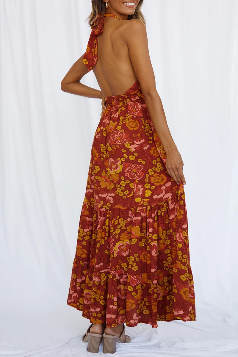 Sexy Vacation Floral Bandage Flounce With Bow Printed Dress Dresses  Fashionpara