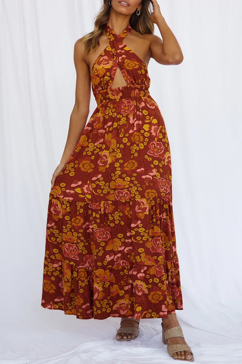 Sexy Vacation Floral Bandage Flounce With Bow Printed Dress Dresses  Fashionpara