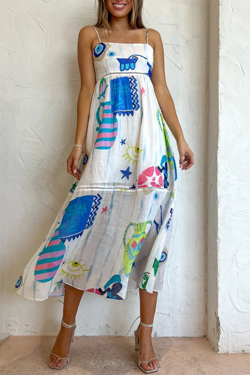 Sweet Elegant Print Patchwork Sling Dress Dresses - Fashionpara